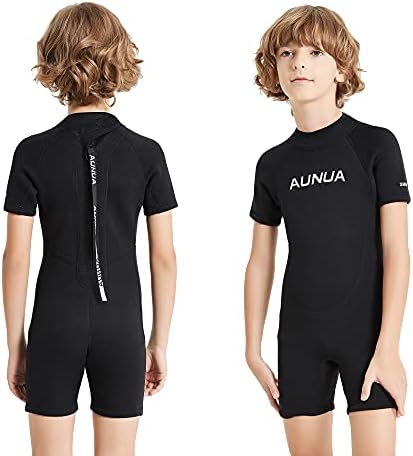 Aunua Children's 3mm Youth Swimming Suit Shorty Wetsuits Neoprene for Kids Keep Warm(7035 Black 12)