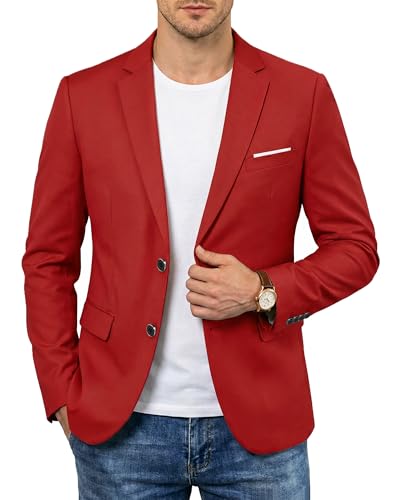 YND Men's Two Button Slim Fit Blazer, Casual Lightweight Suit Jacket Sport Coat Red