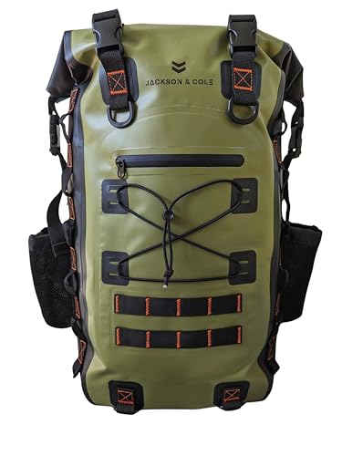 Jackson & Cole Caiman Waterproof Backpack - LARGE 40L Dry Bag Backpack - Rolltop, Welded Seams, EDC Webbing for Fishing, Walking, Watersports (Jungle Green)
