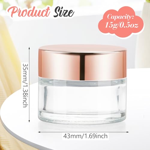 12 Pcs 15g/0.5oz Glass Jars Mini Round Canning Jar Clear Empty Cosmetic Container with Rose Gold Lid for Lip Scrub Cream Lotion Ointments Powder Beads2