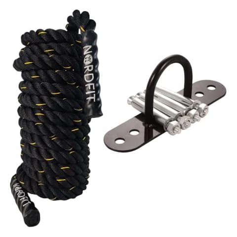 NORDFIT Battle Ropes - 9m, 12m and 15m - 38mm Thickness - Optional Anchor - Black Fitness Ropes - Fitness and Home Gym Equipment (9M Rope + Anchor) Cover