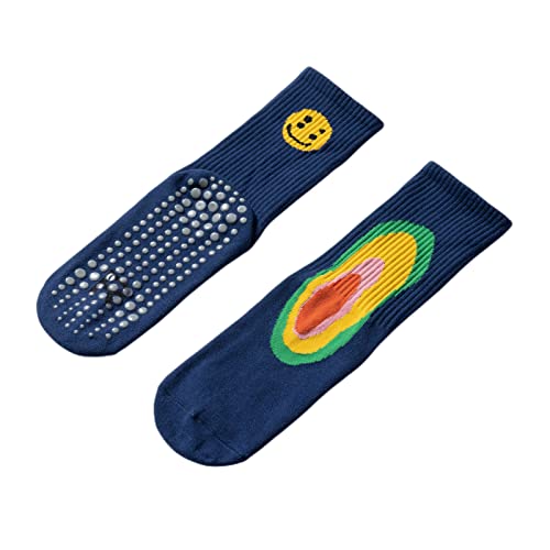 svlftecon Women's Yoga Pilates Socks with Grips Non Slip Colorful Graffiti Cushioned Crew Socks for Barre Ballet Dance (Medium,1 Pair - Navy Blue,Medium,Regular,Regular)