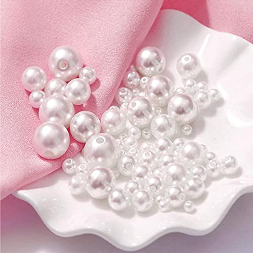 HERZWILD White Mixed Size Pearl Beads Acrylic Pearl Beads with hole Artificial Round Bead Imitation Pearls Loose Faux Pearl Beads for Jewelry Making Decoration Necklace Earrings(w5h)