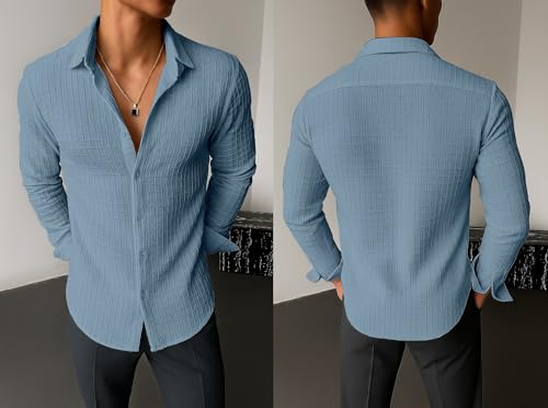 Image of Men's Casual Button Down Shirts Long Sleeve Linen Shirt Fashion Textured Beach Summer Shirts| Men Stylish Shirt | Men Fancy
