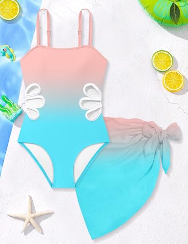 Image of Girls Swimsuit Adjustable Straps Cut Out One Piece Bathing Suit with Solid Color Cover Up Skirt Girls' Swimwear 5-16Y