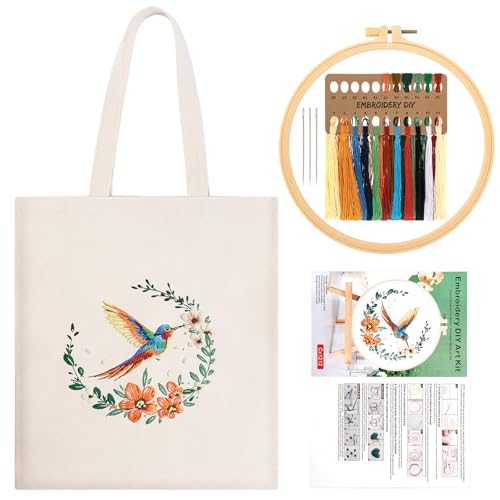 JSRQT Kolibri Canvas Tote Bag Stickerei Set, Blumen Gestempeltes Kreuzstich Starterset für Anfänger Erwachsene, Tasche Handgefertigte Stickset Basteln mit Werkzeug, Anleitung, Nadel und Faden, Beige