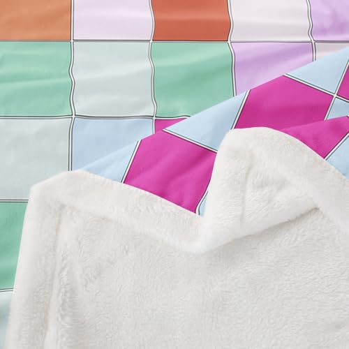 Image of Erosebridal Colorful Buffalo Plaid Throw Blanket Throw 50 inchX60 inch Geometric Grid Checkered Fleece Bed Blanket Rainbow Checkerboard Sherpa Blanket for Kids Boys Girls,Groovy Aesthetic Flannel Blanket