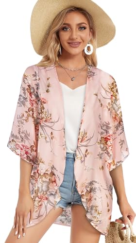KASTWAVE Women's Floral Print Puff Sleeve Kimono Cardigan Loose Cover Up Casual Blouse Tops, C White Flower
