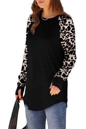 Image of XIEERDUO Womens Tunic Tops to Wear with Leggings Long Sleeve Thumb Hole Shirts Crew Neck Curved Hem
