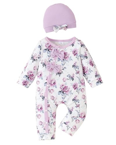 Image of Mioglrie Newborn Baby Girl Clothes Long Sleeve Romper Infant Fall Winter Outfits Floral Hat Jumpsuit Preemie Girl Clothes