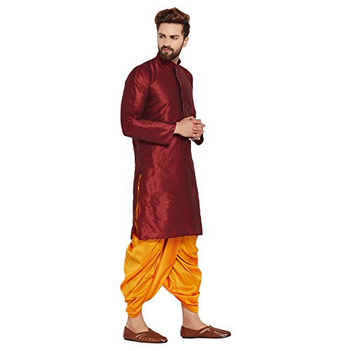 Image of SOJANYA (Since 1958 Men's Off-White and Gold Dupion Silk Dhoti Kurta Set