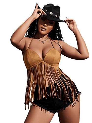 Verdusa Women's Fringe Tied Backless Suede Halter Top Deep V Neck Going Out Tops Western Outfits3