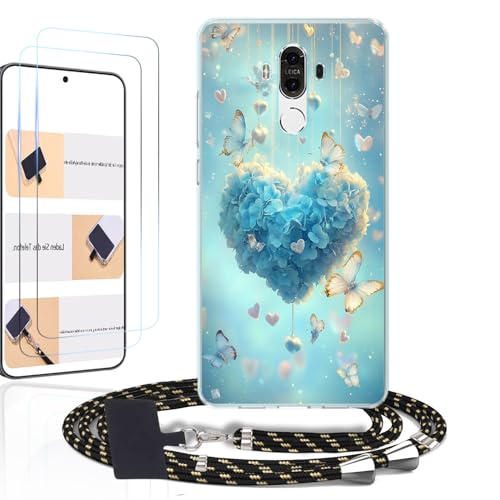 Image of WUACYEAMING for Huawei Mate 9 Case, with Strap& 2 Pack Tempered Glass Screen Protector, [Adjustable and Removable Strap] Transparent Phone Cover Heart pattern