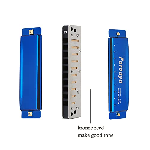 Farcaya Harmonica for Kids Students Beginners Adults Blues Harp Diatonic C Key 10 Holes 20 Tones Metal Mouth Organ with Hard Case and Cleaning Cloth (Blue)