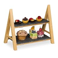 Relaxdays Etagere, 2 Etagen, mit Schieferplatten, HBT 27x32x17 cm, rustikaler Servierständer, Bambus-Gestell, natur/grau