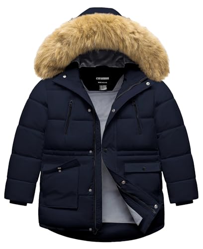Image of Boy's Winter Coat Waterproof Kids Puffer Jacket Thicken Parka Fleece Lined Bubble Ski Snow Outerwear with Fur Hood
