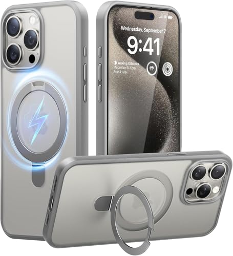 Image of DIZORO Magnetic Ring Stand for iPhone 15 Pro Max Case [Military Drop Protection] [Compatible with MagSafe] Shockproof Matte Translucent Slim Phone Case - Natural Titanium.