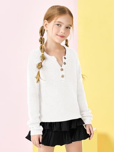 Image of rrhss Girls Waffle Knit Sweaters Trendy Henley Button V Neck Long Sleeve Pullover Jumper Tops