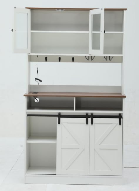 YITAHOME Farmhouse Buffet Cabinet with Storage, 72' H Coffee Bar Cabinet with Power Outlet & LED Light Strip, Bar Cabinets with Sliding Barn Door & Wine Glass Rack for Kitchen, Living Room (White)