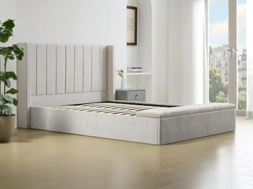 Vente-unique-Cama canapé 180 x 200 cm con bancada - Tela - Beige - DOUINO
