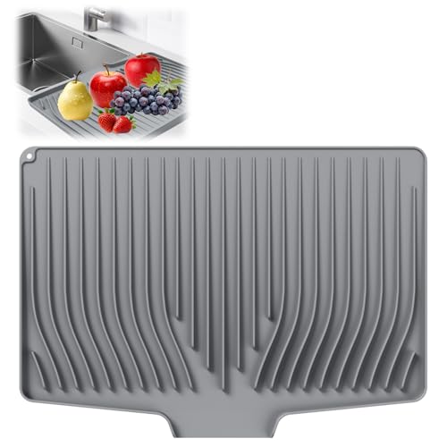 Silicone Draining Mat Large 48x34cm 18.9x13.39 Draining Board Mats Non-Slip Rolling Bowl Dish Drying Mat Coaster Heat-Resistant for Counter Kitchen Sink Drainer Mats (Twill Grey, 48cm x 34.5cm)