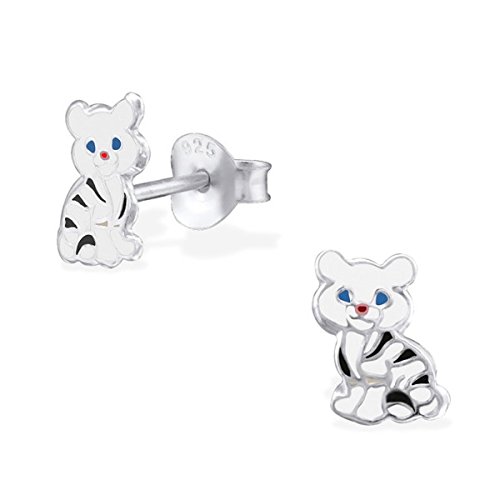 Cute White Tiger Studs Earrings Small 925 Stering Silver (E26314)