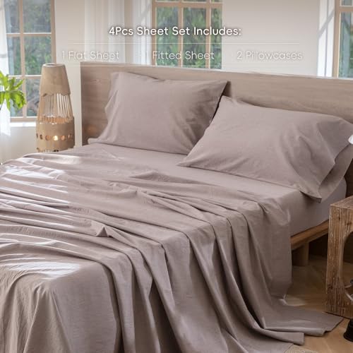 MooMee Bedding Sheet Set 100% Washed Cotton Linen Like Textured Breathable Durable Soft Comfy (Heathered Mauve Brown, King) - Image 4