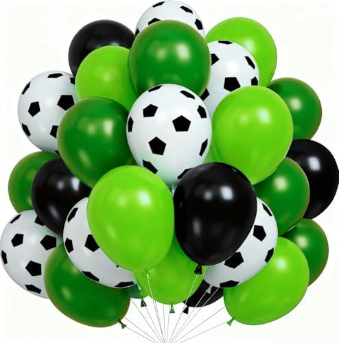 Ballons Anniversaire Football, 60 Pièces Latex Ballons Vert Noir Blanc avec Ballon Football, 12 Pouces Hélium Ballon Décorations Fête Football pour Hommes...