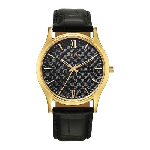Image of Titan Karishma Regal Classic Day-Date Black Dial Black Leather Men's Dress Watch - 10059YL01