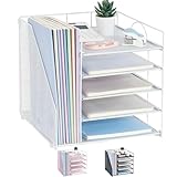 Pygocereri Schreibtisch Organizer und Zubehör, 5 stöckige Papierablage mit Aktenhalter, büro Organizer für Büro Bedarf Dokumentenablage (Weiß)