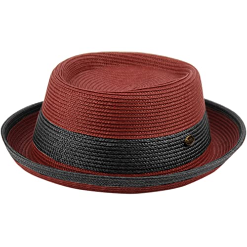 Men's Fancy Summer Straw Pork Pie Derby Fedora Upturn Brim Hat, F2809burgundy, S-M