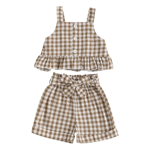 Toddler Girl Outfits Set Ruffled Button Strap Crop Tops Plaid Shorts Set Matching Bowknot Belt Summer Clothes Set