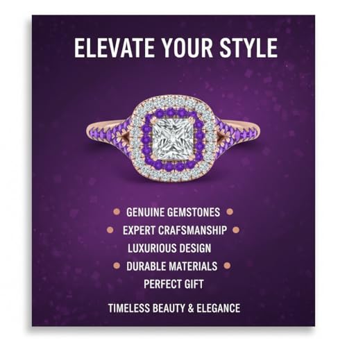 Image of Choose Your Gemstone Delicate Double Halo Diamond CZ Ring Rose Gold Plated Princess Shape Halo Engagement Rings Matching Jewelry Wedding Jewelry Easy to Wear Gifts US Size 4 to 12