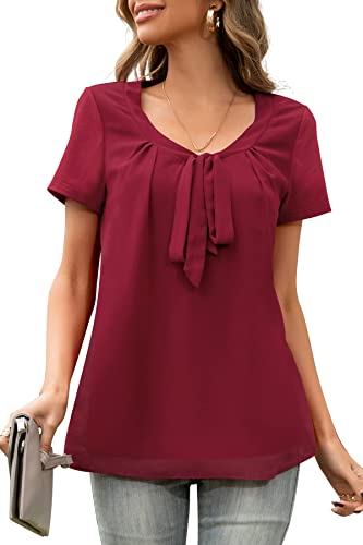 Damen T-Shirt Sommer V Ausschnitt Kurzarm Tunika Top Bluse Einfarbig Schleife Casual Loose Shirt Oberteile (Burgund, S) Cover