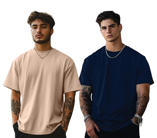 Image of Veirdo Solid Oversized 100% Pure Cotton Combo T-Shirt for Men & Boys (Half Sleeves, Round Neck, Drop Shoulder, Baggy Fit, Pack of 2, Available in S to 2XL