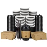 BYSNOW 100 pack 12 oz Thickened Coffee Cups with Lids, Scald Resistant Hot Cups with Sleeve and Straw, To Go Coffee Cups for Home, Office, Cafes and Party (Black 12oz)