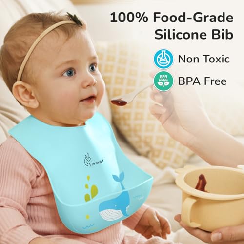 Image of R for Rabbit Safari Silicone Bib for Baby Food Feeding BPA Free, Adjustable Straps Waterproof Built-in Food Pocket Mess Free Ideal for Babies 6 to 36 Months