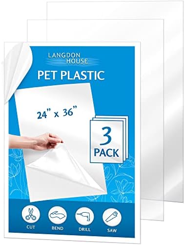 PET Flexible Plastic Glass Sheets (24x36 x 0.03 inch, Clear, 3 Pack), Thin Plexi-Glass Sheet for DIY Arts & Crafts, Home Projects & Protective Barriers, Easy to Cut, by Langdon House