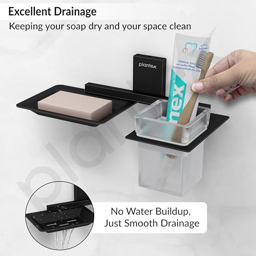 Image of Plantex 304 Grade Stainless Steel Soap Dish with Glass Toothbrush Holder /Soap Stand /Soap Case with Tumbler /Bathroom Accessories - (Crystal, Black)