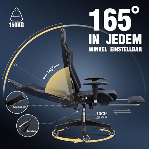 Sedia Gaming, Sedia da Ufficio con Ruote Grandi e Lisce, Sedia Gaming Massaggiante con Lussuoso Tessuto Scamosciato, 90-165°, 150 KG, Blu scuro - Sedia gaming - Immagine 6