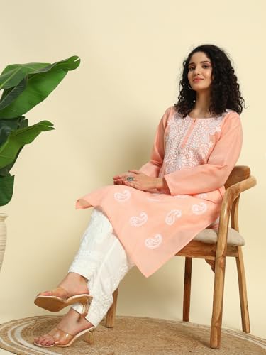 Image of FCH, Fashionable Chikan Handikraft Women's Cotton Lucknowi Chikankari Printed Straight Kurta for Regular Wear Girls Flared Kurta