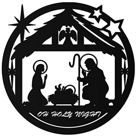 WINUSD Nativity Sign Set Metal Wall Art, Metal Nativity Scene Wall Sculpture Religious Round Wall Decor for Christmas Home Living Room Kitchen Indoor and Outdoor Wall Decoration (Black - M) Cover