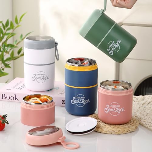 Image of 2 Compartment Stainless Steel Lunch Box with Spoon | 780ml Leak Proof Insulated Food Jar | 304 Steel Thermal Tiffin for Office, School, Travel (2 Copmaprtment Pink with Spoon)