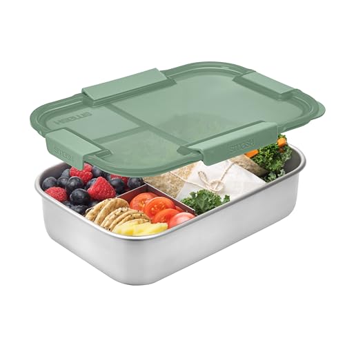 Smash Microwave Safe Stainless Steel Bento Lunch Box, 3 Compartments, Sage, 44oz with PP Lid