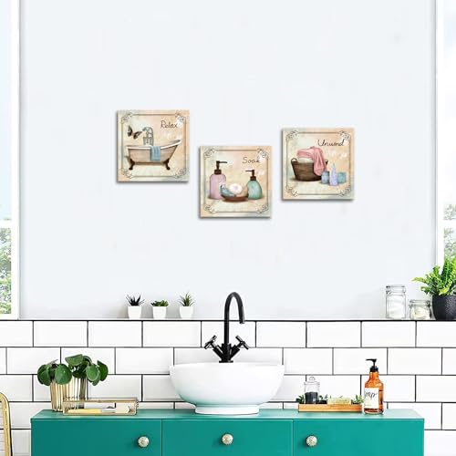 Image of SkenoArt Bathroom Canvas Wall Art Relax Soak Unwind Quote Picture Print Vintage Paintings Posters Great Gift Home Artwork Framed Ready to Hang 12x12inchx3Pieces