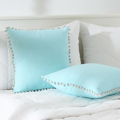 Image of 100% Cotton Pom Pom Cushion Without Filler, Elegant & Modern Cushion Cover for Living Room, Square Shape, 16 inchx16 inch, uni Chambray, Set of 5 - Baby Blue