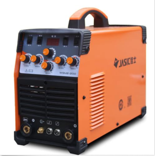 Front view of the WSME-200 TIG-200 AC DC Pulse TIG Welder, showing its orange casing, control panel with knobs and digital display, and front connectors.