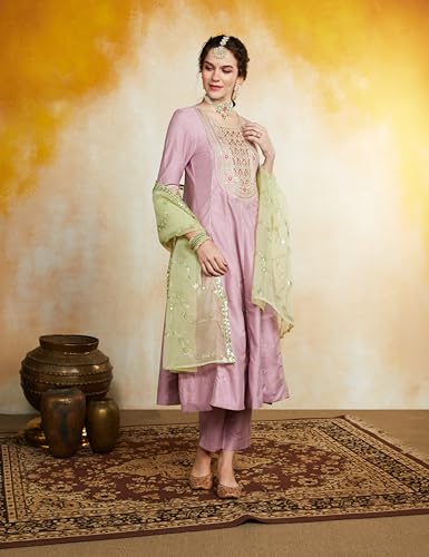 Image of Amazon Brand - Myx Women's Embroidered Anarkali Kurta Set with Organza Dupatta (Available in Plus Sizes)