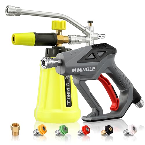 M MINGLE High Pressure Washer Gun with Foam Cannon Foam Cannon Dual Connector Accessory Car Wash Foam Gun Kit 1/4 Inch Quick Connector 5 Pressure Washer Nozzle Tips
