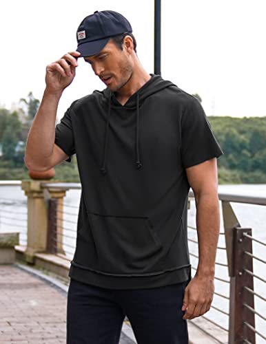 Coofandy Black Short Sleeve Hoodie For Men Black Casual Pullover Lightweight Streetwear Sweatshirt With Pockets #TOP3